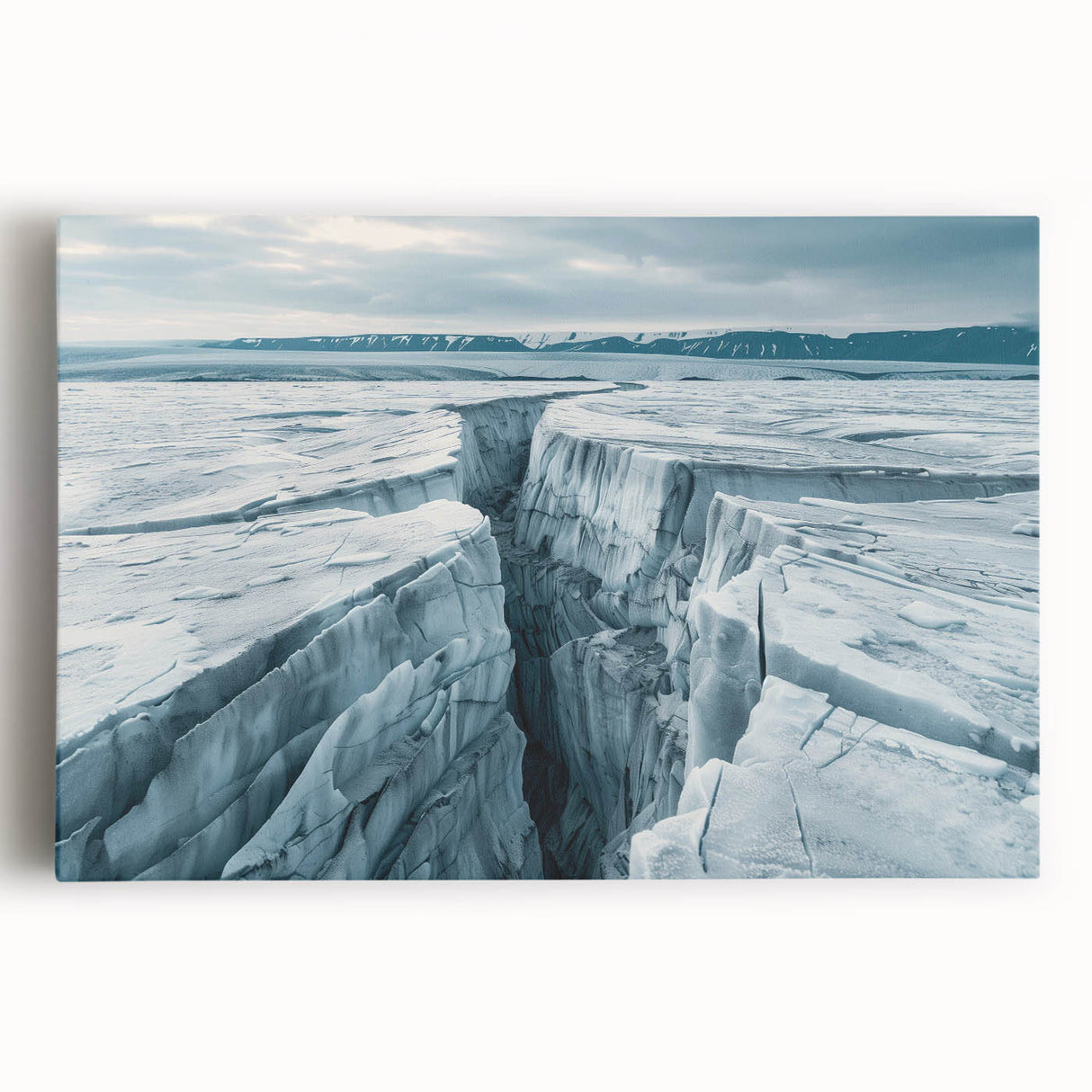 Stretched canvas wall art showcasing a stunning glacier landscape design with vibrant blue and white hues, perfect for enhancing modern home decor.