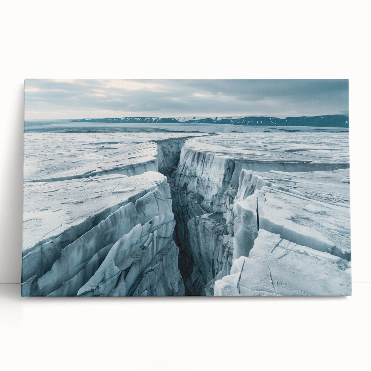 Stretched canvas wall art featuring a stunning glacier landscape design, showcasing vibrant blues and whites, ideal for modern home decor or nature enthusiasts.
