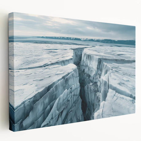 Stretched canvas wall art showcasing a stunning glacier landscape design with vibrant blues and whites, perfect for modern home decor or office spaces.
