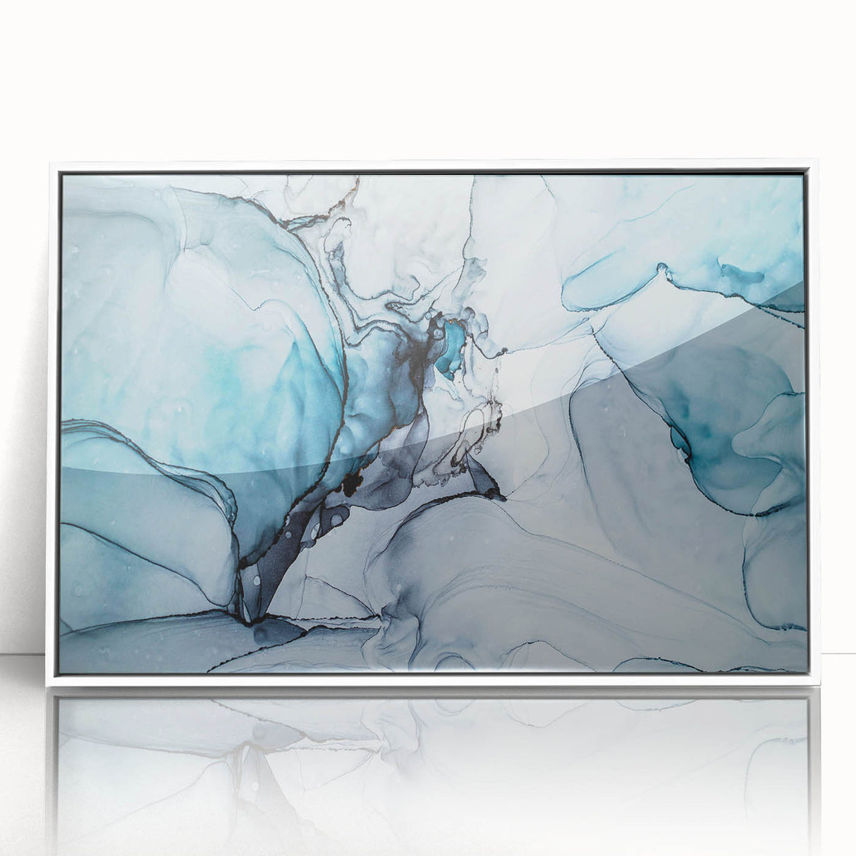 Framed acrylic wall art featuring a stunning glacier landscape design in vibrant blues and whites, elegantly showcased with a sleek white frame, perfect for modern decor.