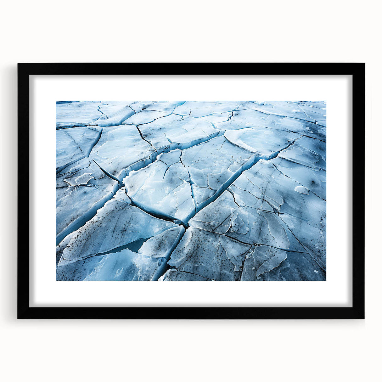 Framed wall art featuring a stunning glacier landscape design in a black frame with a mat, showcasing vibrant blues and whites, perfect for modern home decor.