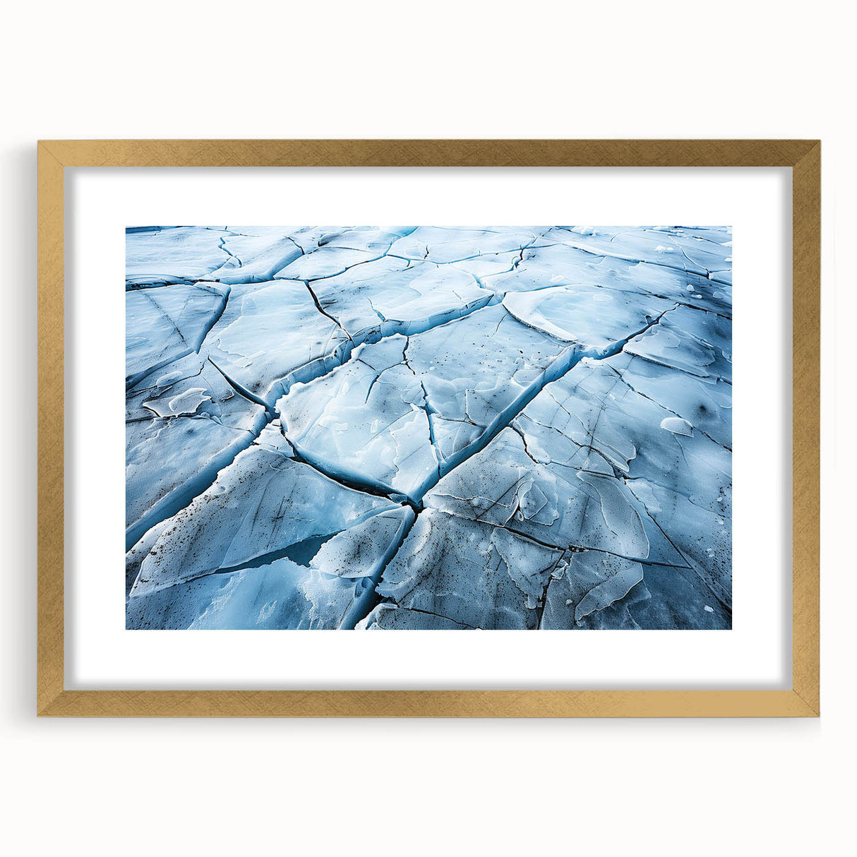 Framed wall art featuring a stunning glacier landscape design with a gold mat, showcasing serene icy blues and whites, ideal for modern home decor.