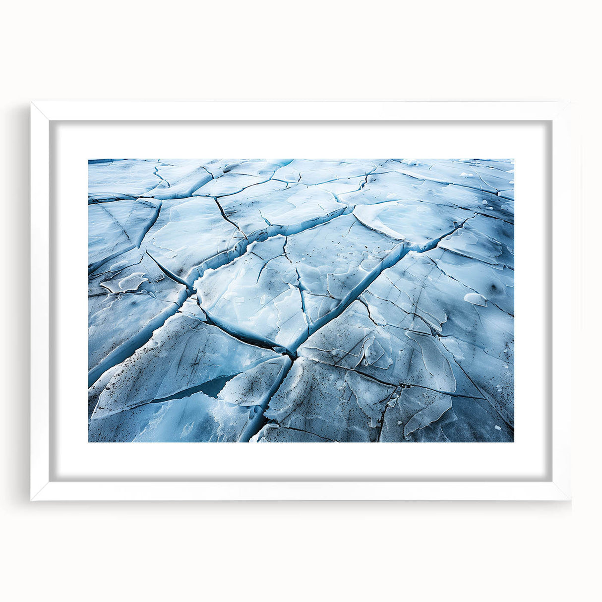 Framed landscape wall art featuring a serene glacier design with a white mat and sleek frame, perfect for modern home decor. The artwork captures the beauty of icy blue tones and reflects a tranquil atmosphere, ideal for living rooms or offices.