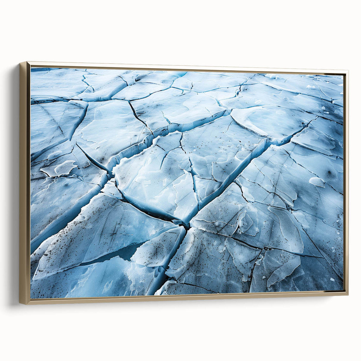 Framed canvas wall art displaying a stunning glacier landscape with vibrant blues and whites, featuring a gold frame that enhances its elegance and sophistication. Perfect for modern home decor.