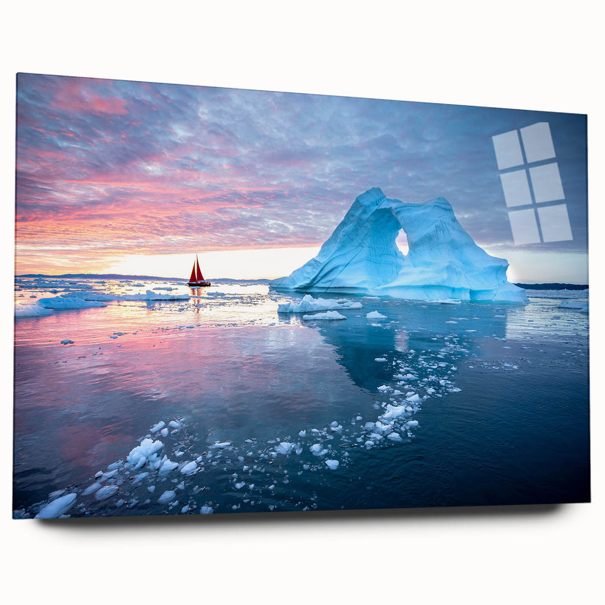 Acrylic glass wall art featuring a stunning glacier landscape design, showcasing cool blue and white tones, elegantly displayed from a side view without pins, perfect for modern decor.