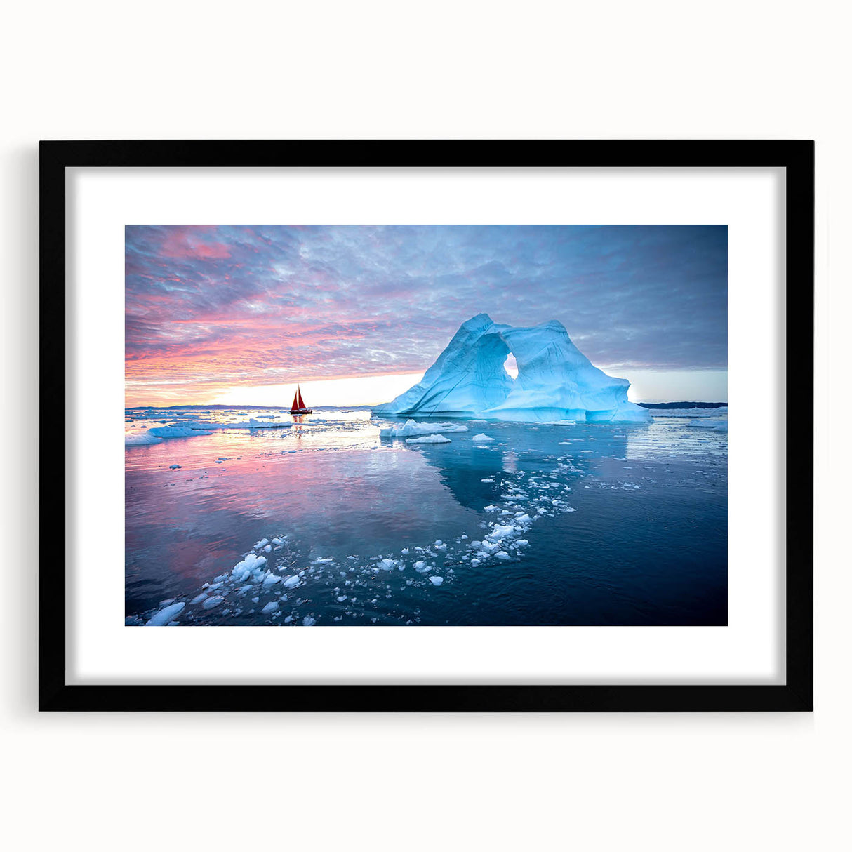 Stylish black-framed wall art featuring a stunning glacier landscape design, perfect for home decor, showcasing vibrant colors and intricate details. Ideal for nature enthusiasts and modern interior design.