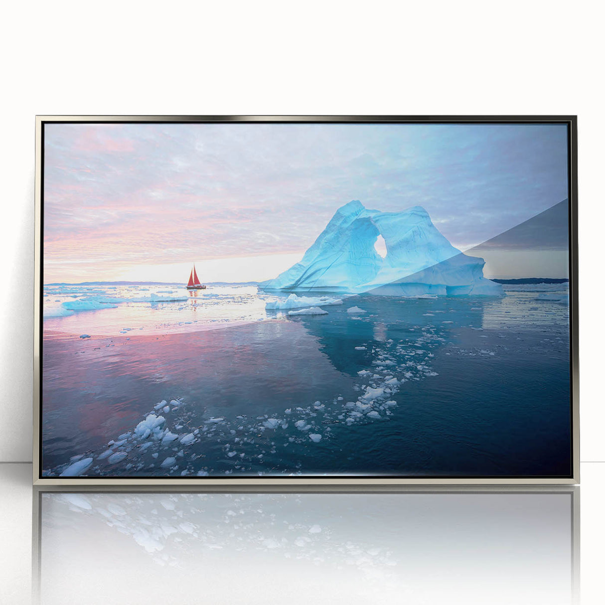 Framed acrylic wall art featuring a stunning glacier landscape design with a silver frame, showcasing vibrant blues and whites that evoke a serene, icy atmosphere. Ideal for modern home decor, this piece adds a touch of nature's beauty to any space.