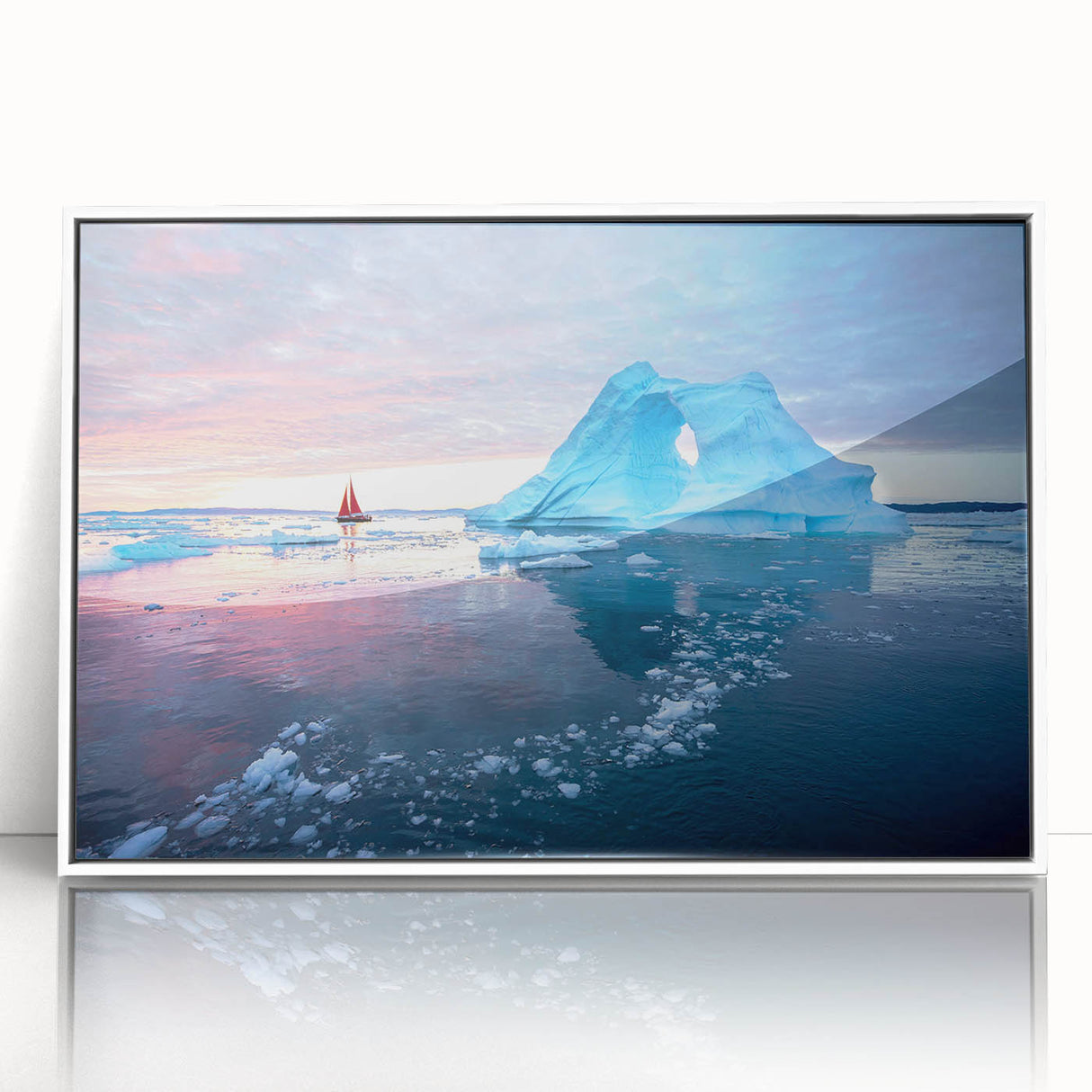 Framed acrylic wall art featuring a stunning glacier landscape design, showcasing vibrant blue and white colors, perfect for modern home decor and adding a serene touch to any room.