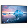 Framed canvas wall art showcasing a stunning glacier landscape design, featuring vibrant blues and whites, with a sleek black frame enhancing its modern aesthetic. Perfect for adding a serene touch to contemporary home decor.