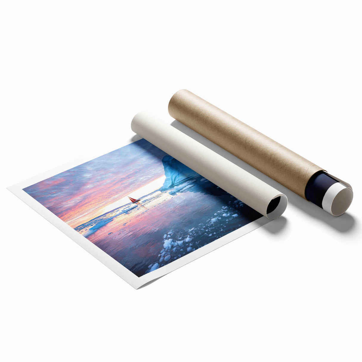 Glacier landscape wall art print showcasing vibrant blue and white ice formations, rolled for easy display and shipping in a protective tube. Perfect for nature enthusiasts.