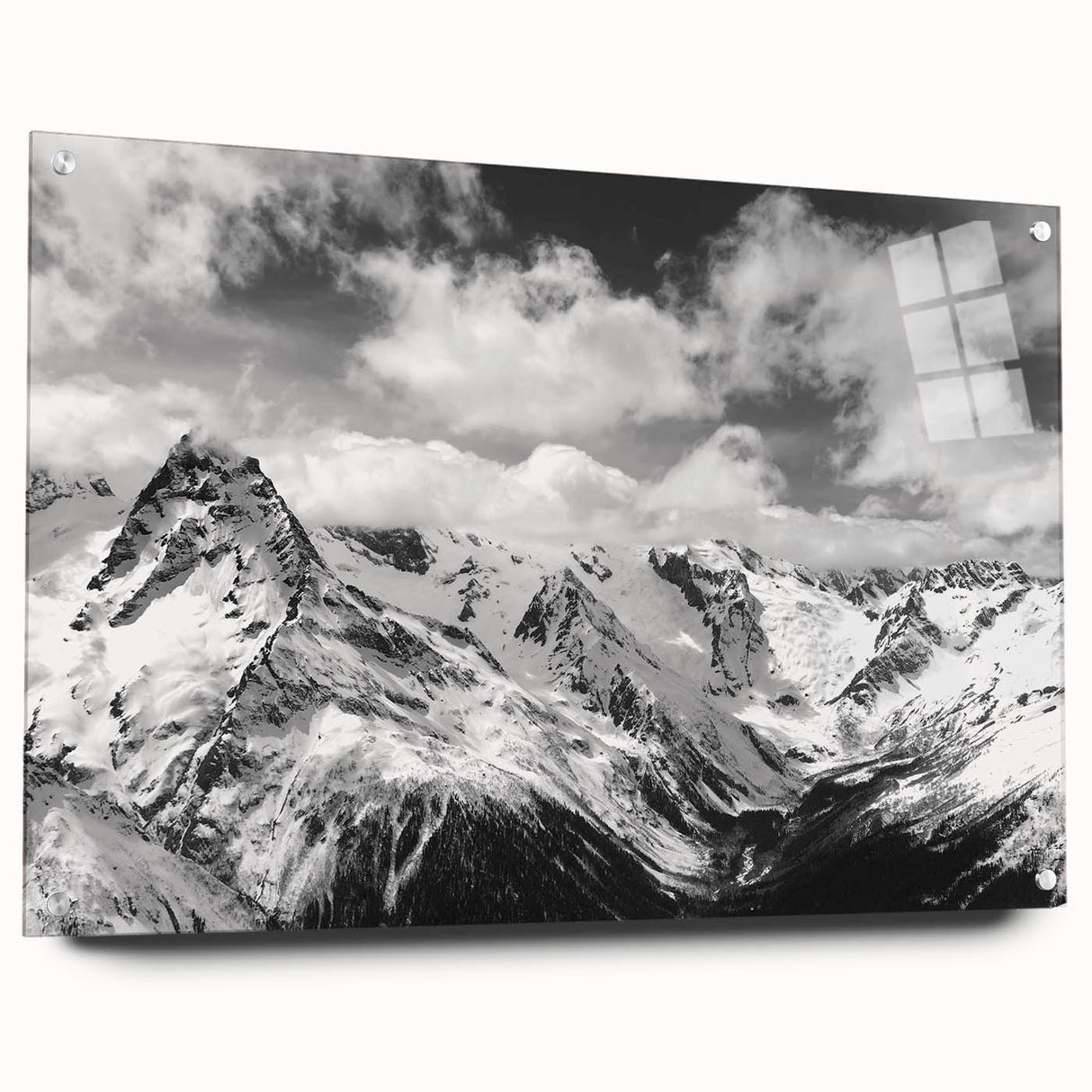 Acrylic glass wall art showcasing a stunning glacier landscape design, elegantly displayed in a side view with decorative pins, perfect for modern home decor.