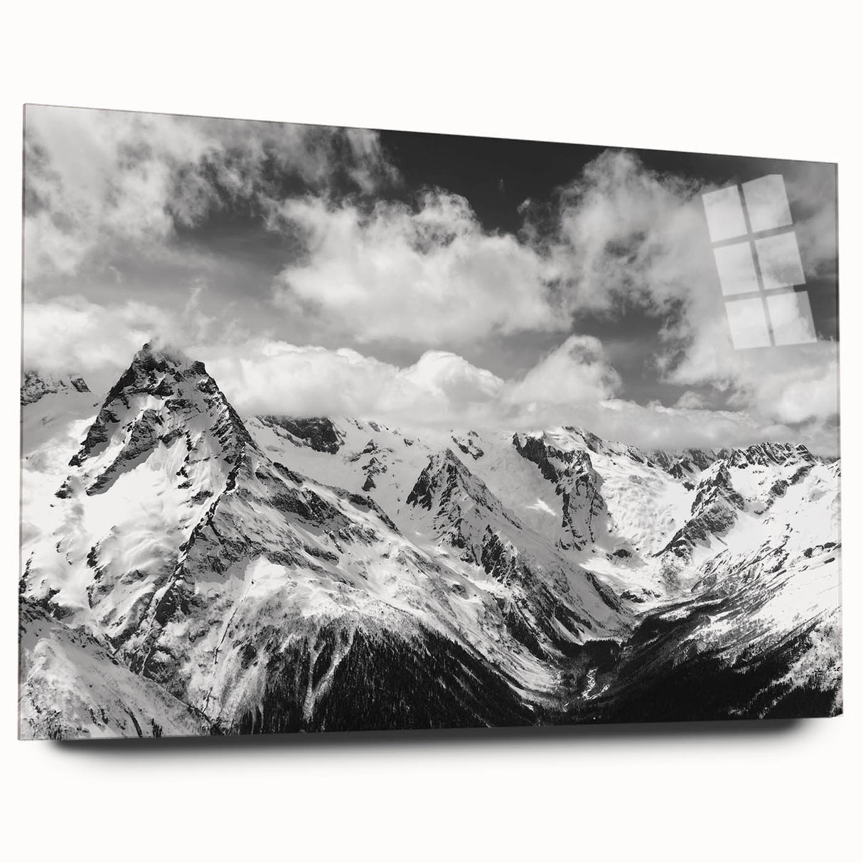 Acrylic glass wall art featuring a stunning glacier landscape design in vibrant blue and white hues, showcased from a side view, perfect for modern home decor.