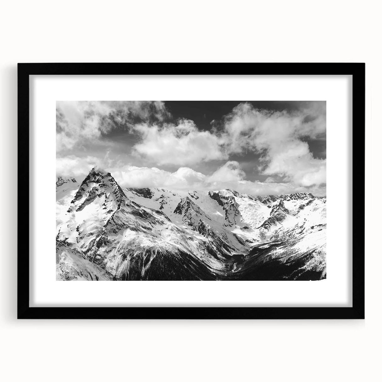 Framed wall art featuring a stunning glacier landscape design, displayed in a sleek black frame with a white mat, perfect for home decor.