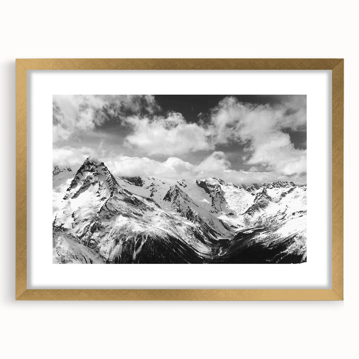 Framed wall art depicting a stunning glacier landscape with gold accents, featuring a mat for added elegance, perfect for modern home decor.
