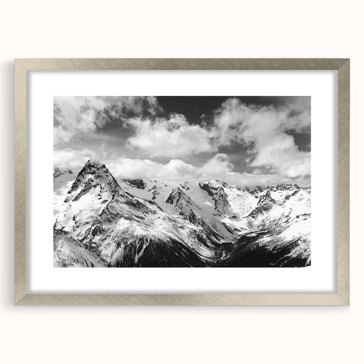 Framed silver wall art featuring a stunning glacier landscape design, showcasing vibrant blues and whites, ideal for modern home decor. Perfect for adding a serene touch to any room.