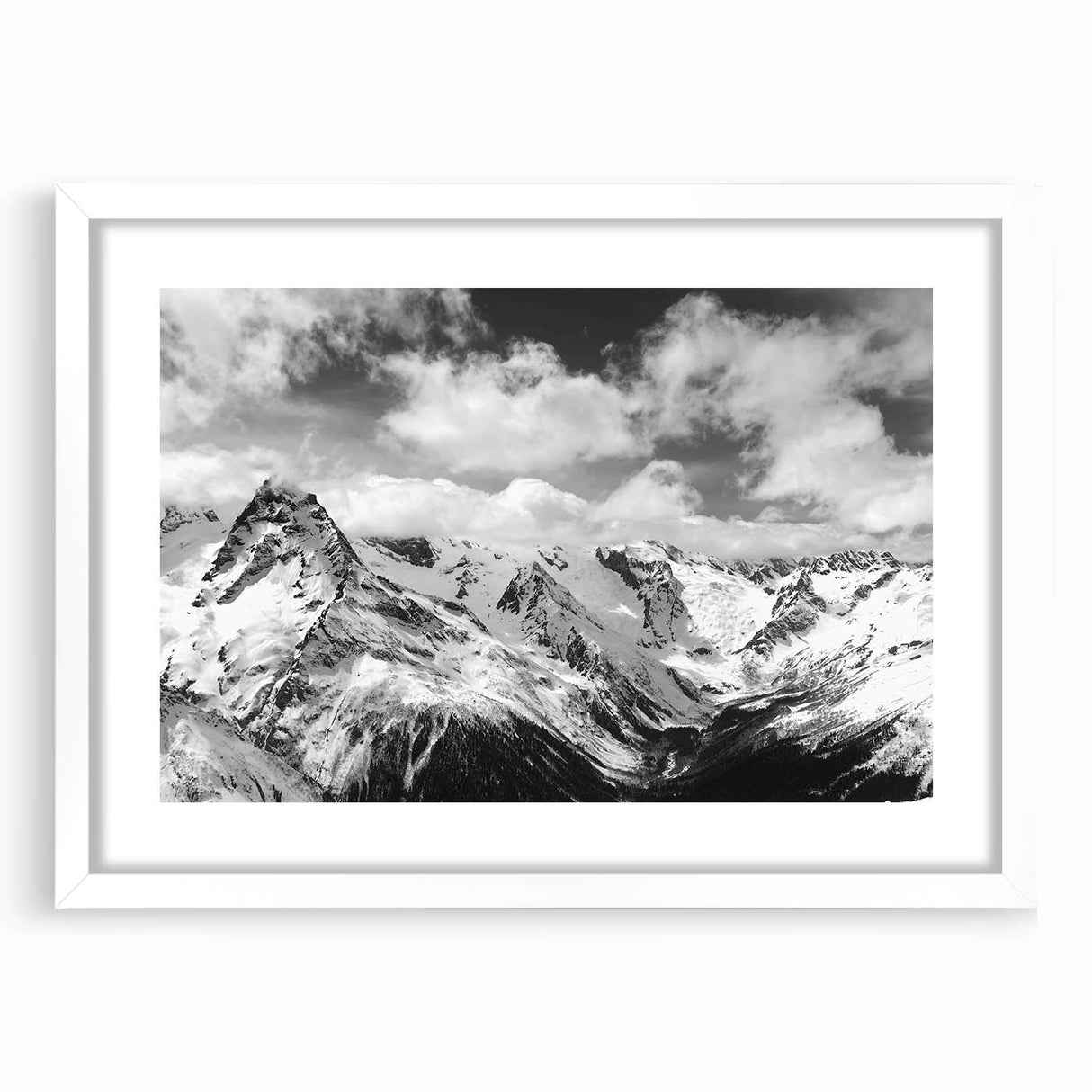 Framed wall art collection featuring a stunning glacier landscape design, with a white mat and sleek black frame, ideal for modern home decor.