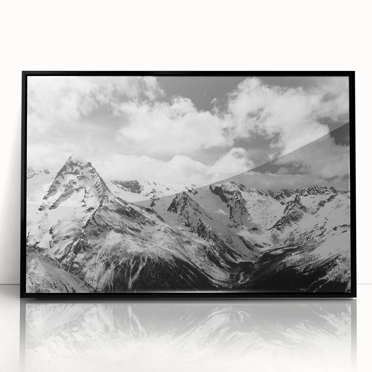 Framed acrylic wall art featuring a stunning glacier landscape design, set in a sleek black frame, perfect for modern home decor. Ideal for nature enthusiasts.