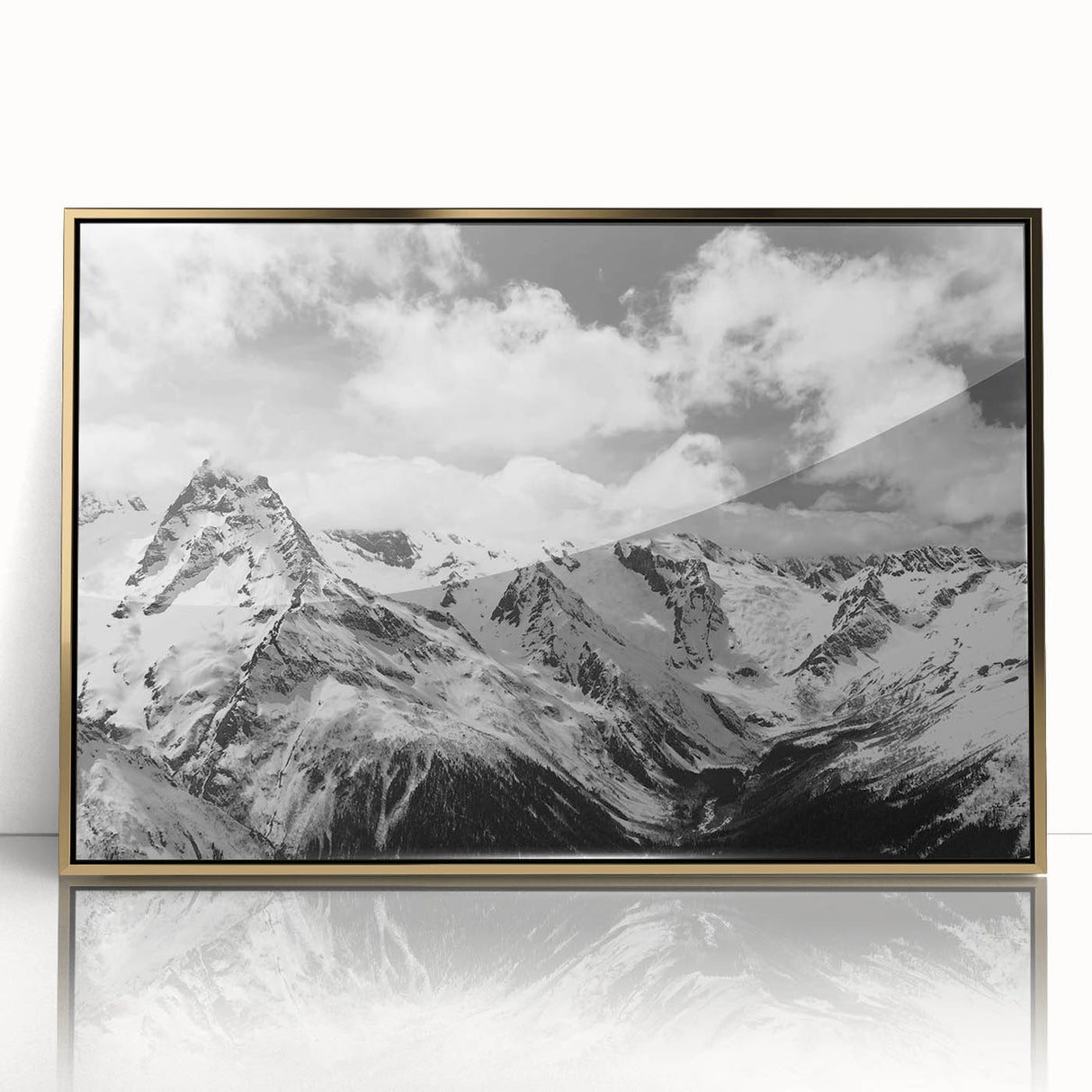 Framed acrylic wall art featuring a stunning glacier landscape design with gold accents, perfect for adding a touch of elegance to any home decor.