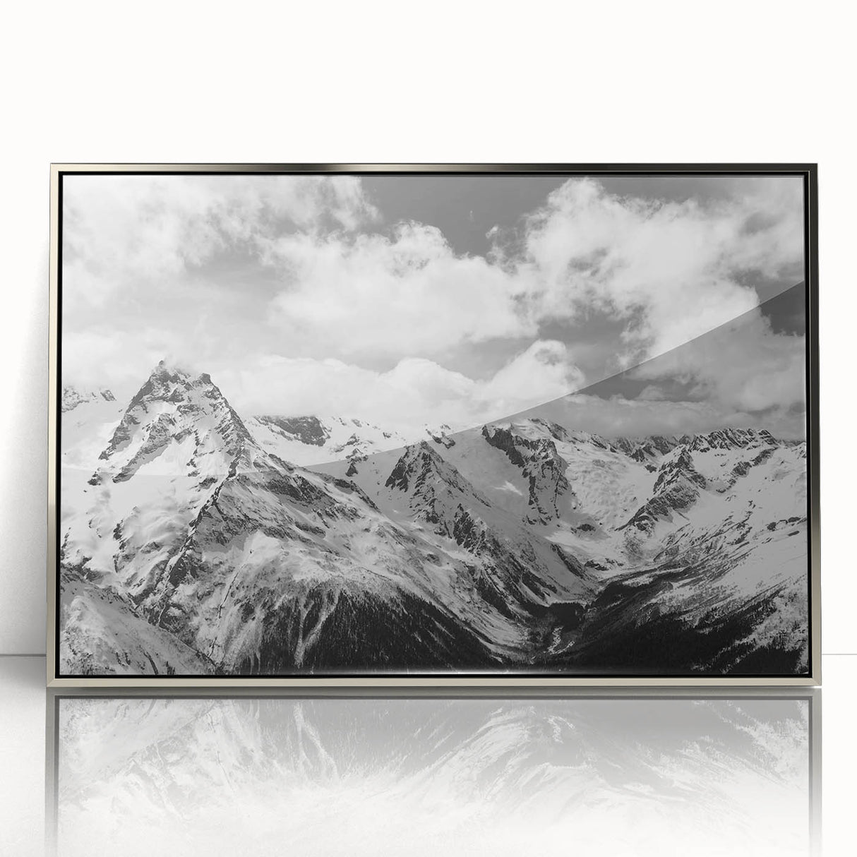 Framed acrylic wall art design showcasing a stunning glacier landscape in silver tones, perfect for modern home decor, emphasizing nature's beauty and tranquility.