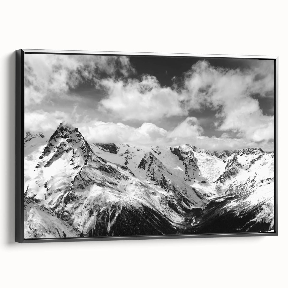 Framed canvas wall art showcasing a stunning glacier landscape design, featuring vibrant blue and white hues with a sleek black frame, ideal for modern home decor.