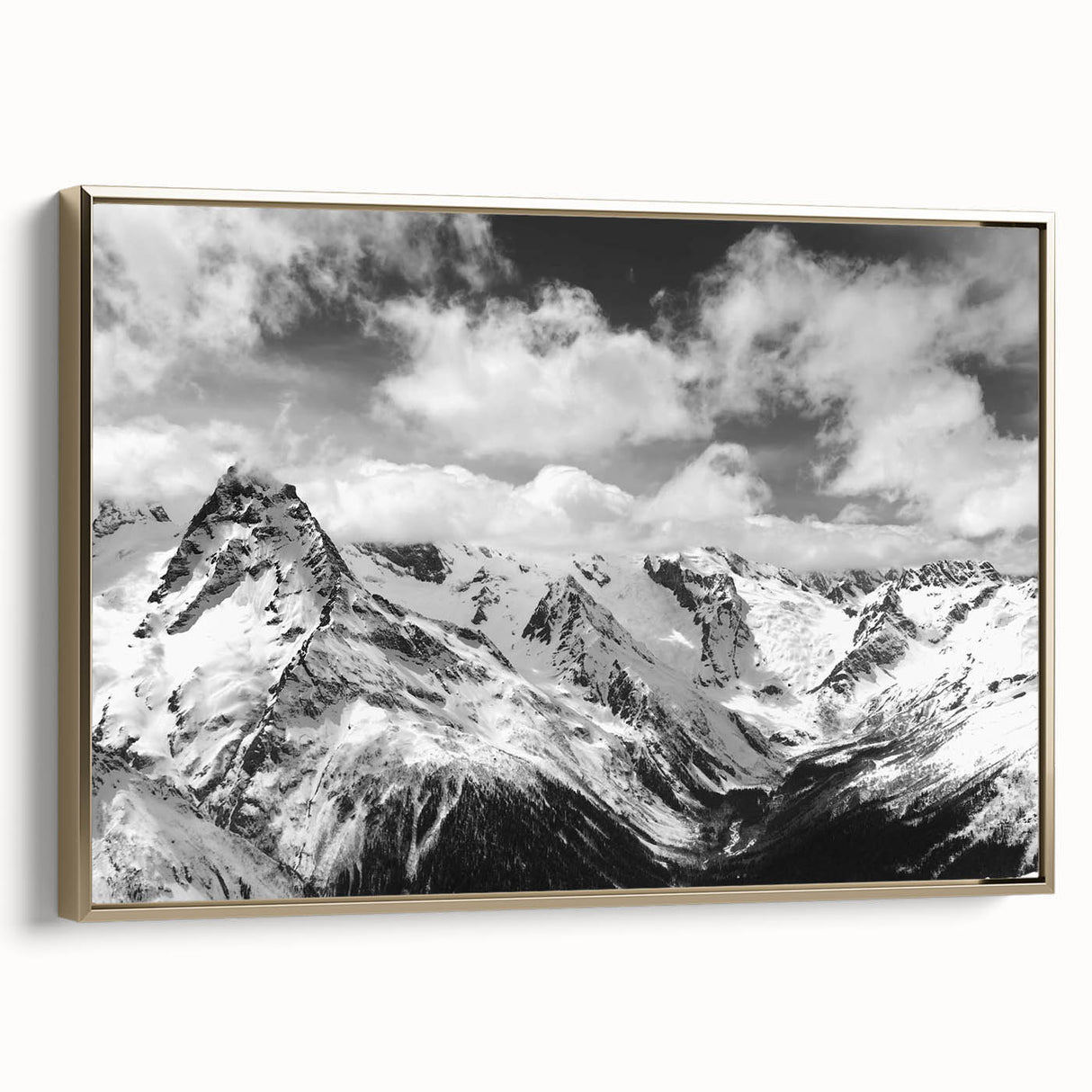 Framed canvas wall art featuring a stunning glacier landscape design with gold accents, showcasing vibrant blue and white hues, perfect for modern decor.
