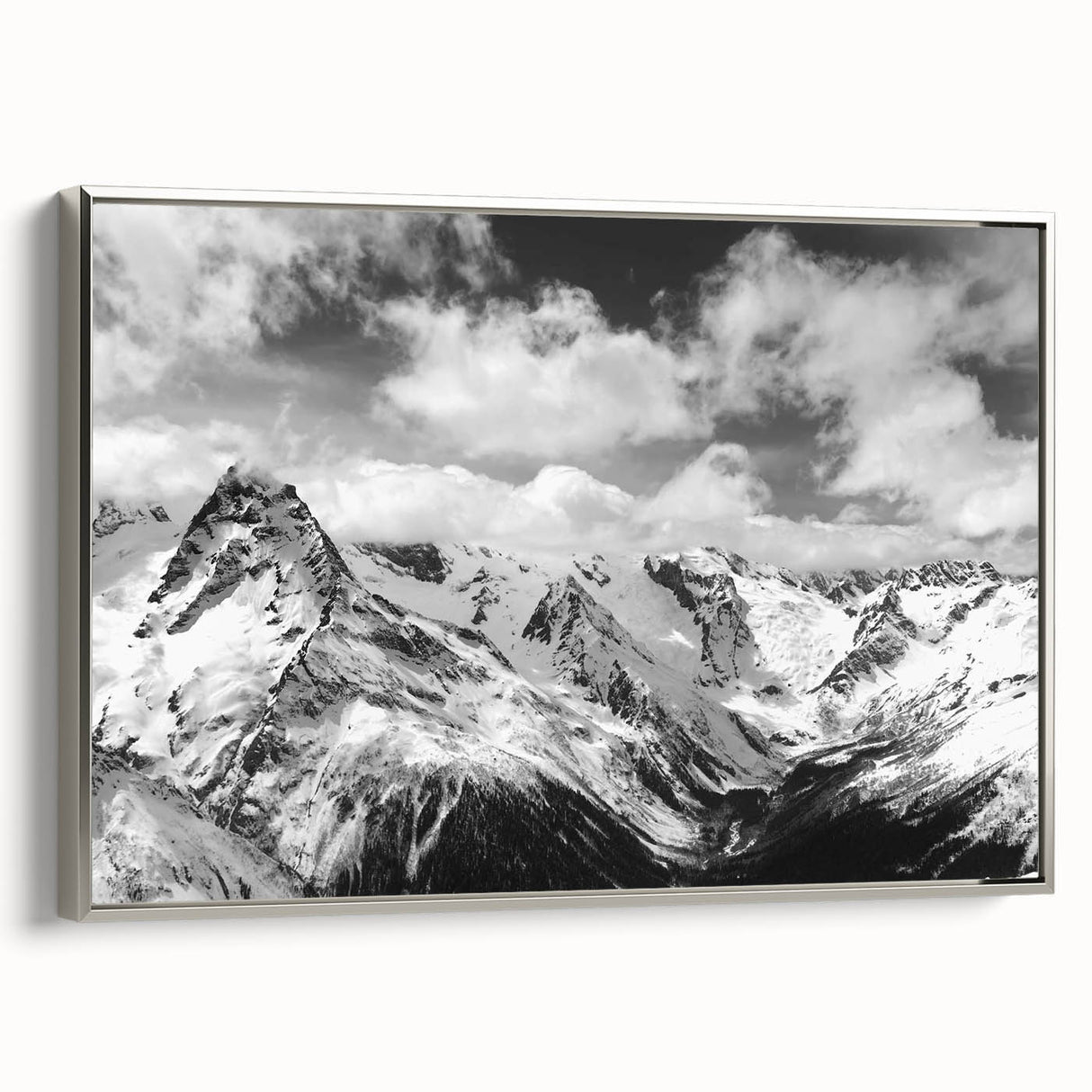 Framed canvas wall art showcasing a stunning glacier landscape design with silver accents, perfect for modern home decor. Ideal for adding a serene touch to living spaces.