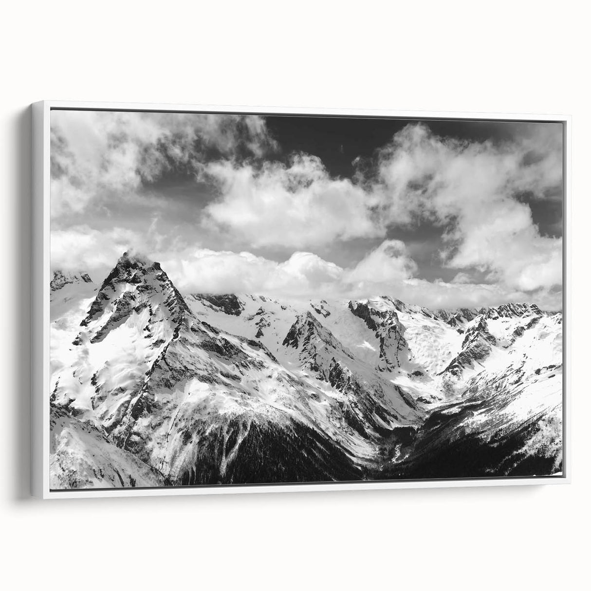 Framed canvas wall art showcasing a stunning glacier landscape design with soft blue and white hues, presented in a sleek white frame, ideal for modern decor.