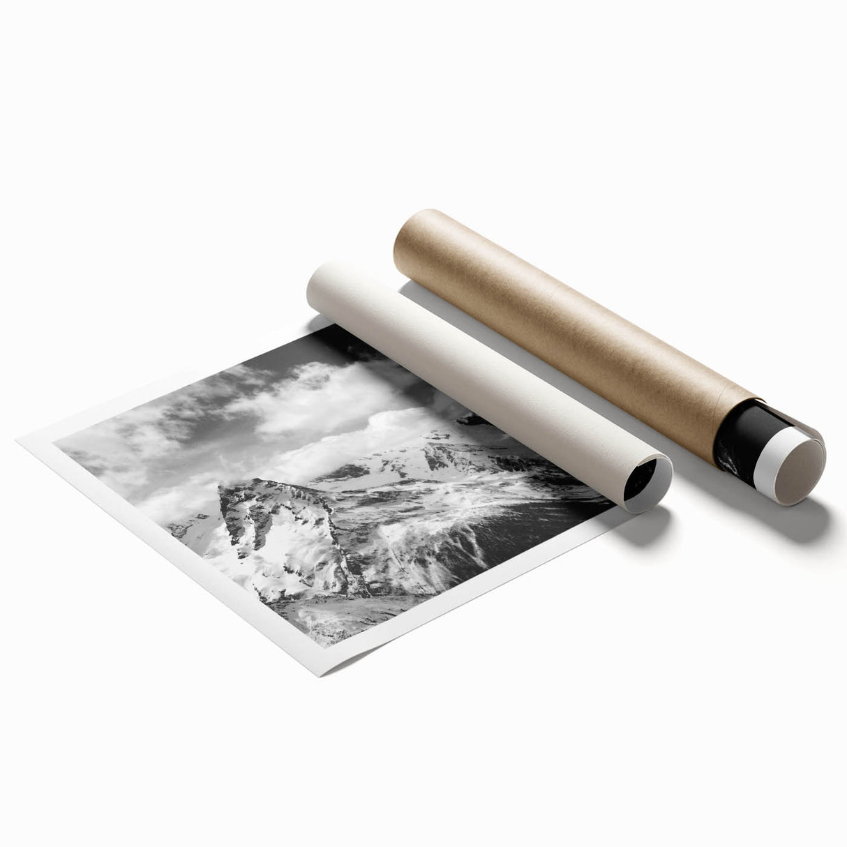 Vibrant rolled print of a stunning glacier landscape artwork, showcasing icy blue tones and rugged textures, perfect for home decor and nature enthusiasts.