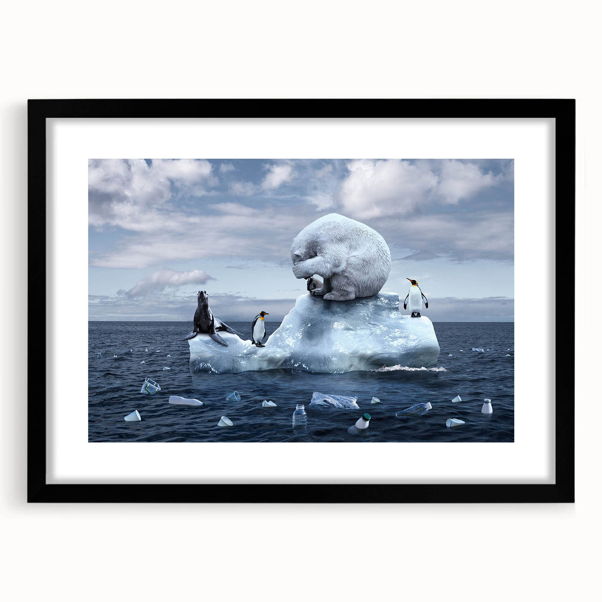 Framed wall art featuring a stunning glacier landscape design with a black mat and frame, showcasing serene icy blues and whites. Ideal for modern home decor.