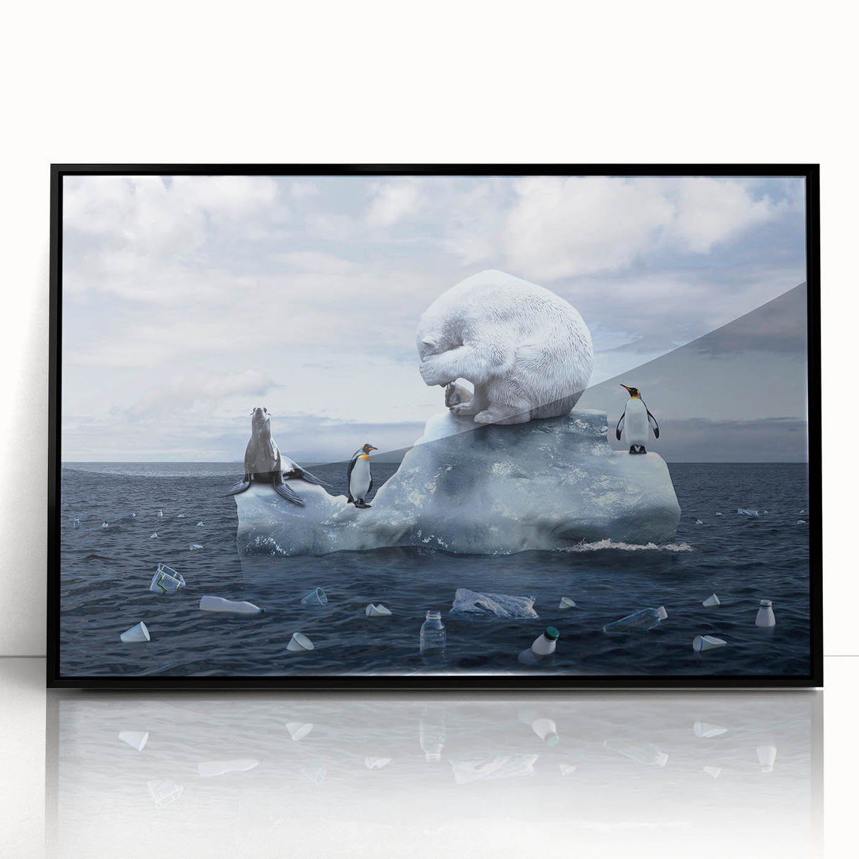 Framed acrylic wall art featuring a stunning glacier landscape design, showcasing vibrant blues and whites, with a sleek black frame, perfect for modern decor.