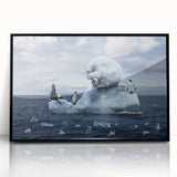 Framed acrylic wall art featuring a stunning glacier landscape design, showcasing vibrant blues and whites, with a sleek black frame, perfect for modern decor.