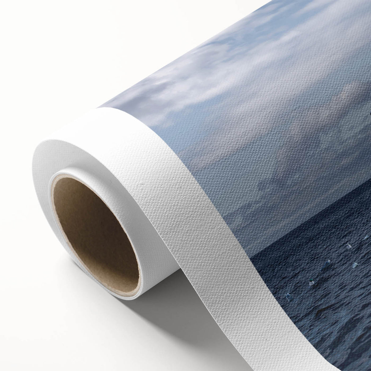 Glacier-themed rolled canvas wall art collection showcasing stunning icy landscapes in vibrant blues and whites, packaged securely in a protective tube.