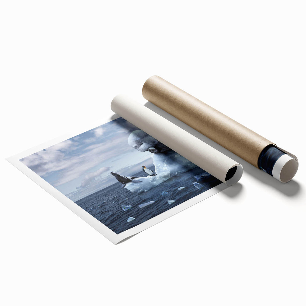 Vibrant rolled print showcasing a stunning glacier landscape design in blue and white tones, perfect for modern home decor, elegantly packaged for delivery.