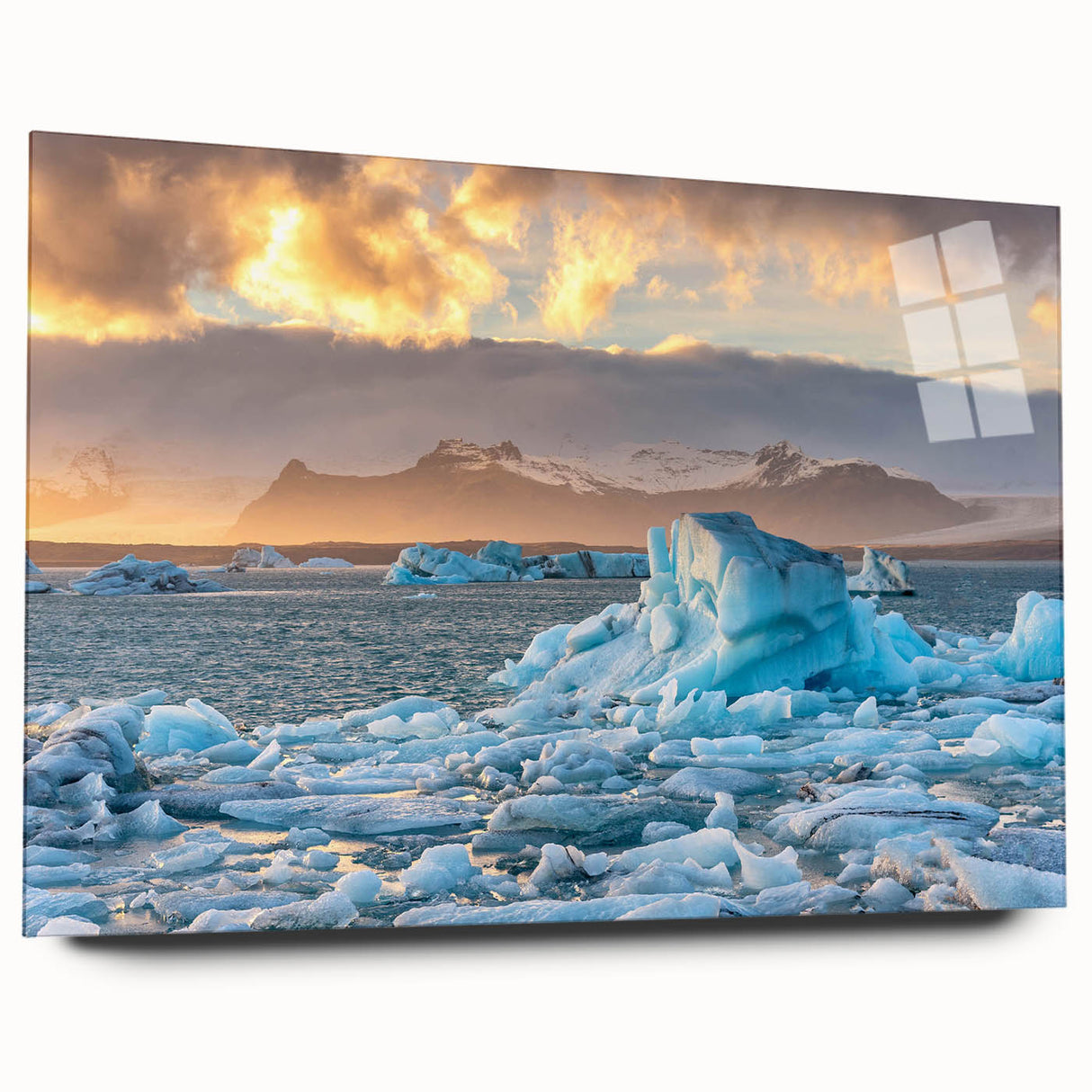 Side view of a glacier-themed wall art collection displayed in acrylic glass, showcasing vibrant blue and white hues, perfect for modern home decor.