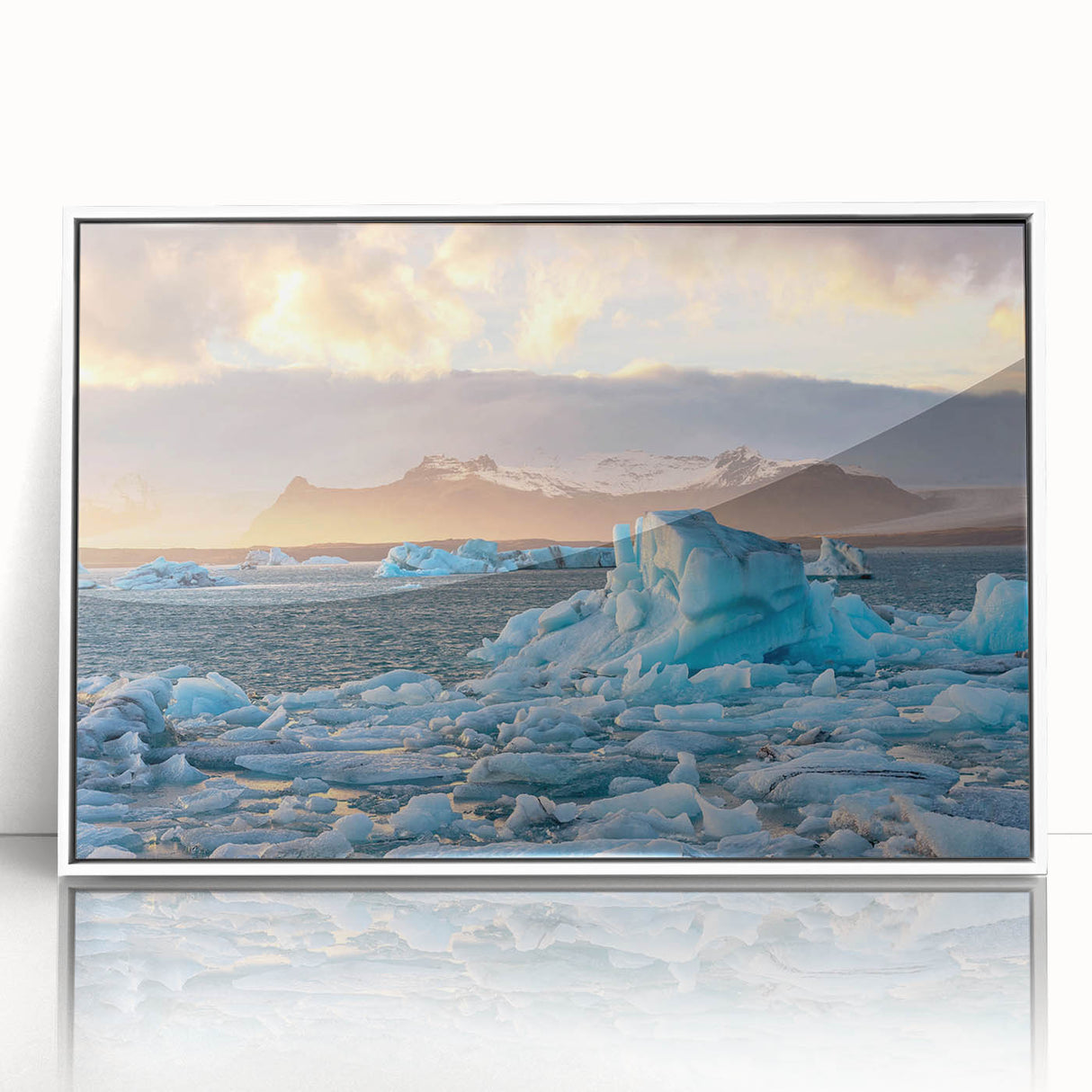 Framed acrylic wall art showcasing a stunning glacier landscape design, featuring icy blue and white tones, perfect for enhancing modern home décor.