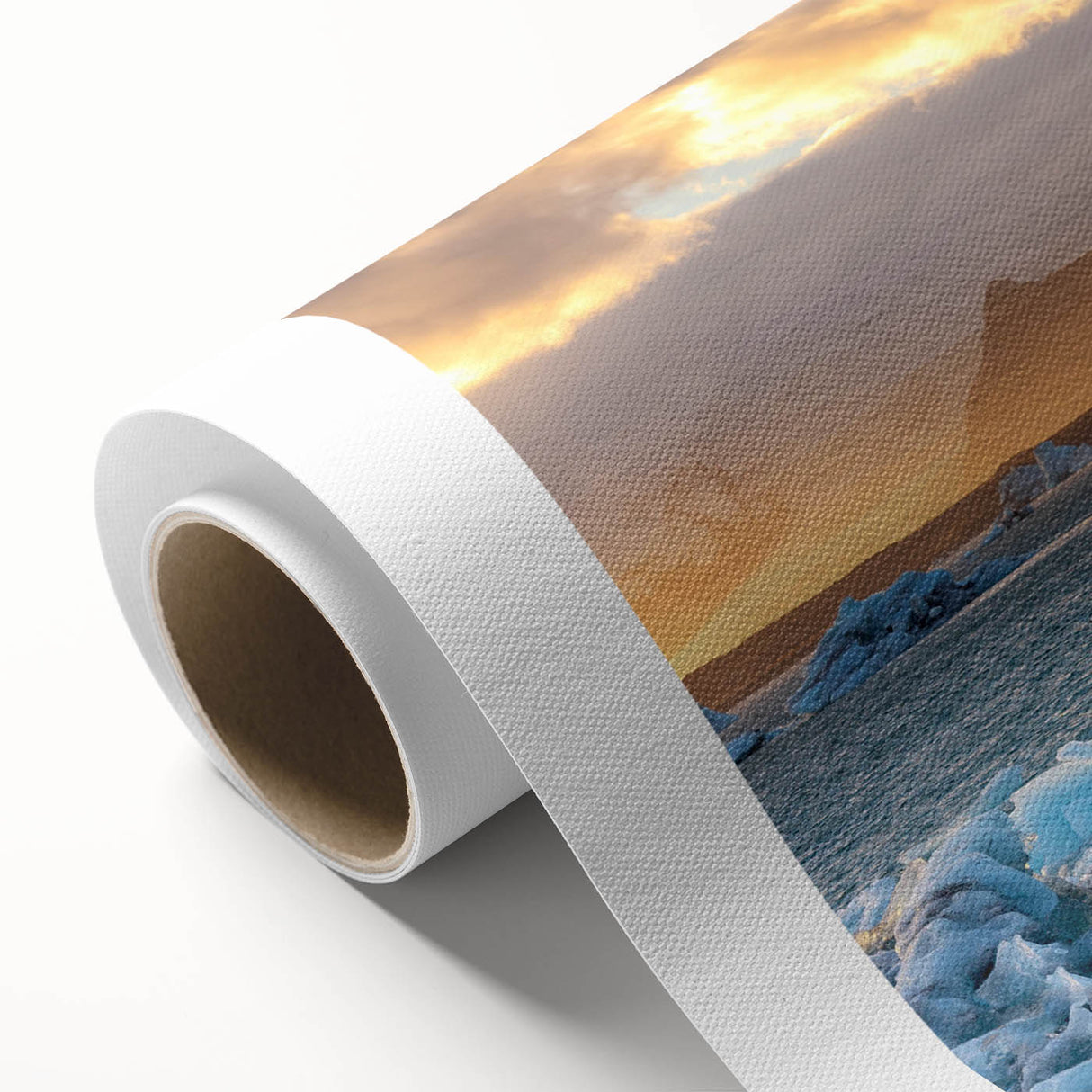 Vibrant rolled canvas wall art depicting a stunning glacier landscape, showcasing icy blue hues and intricate details, ready for display in any home decor.