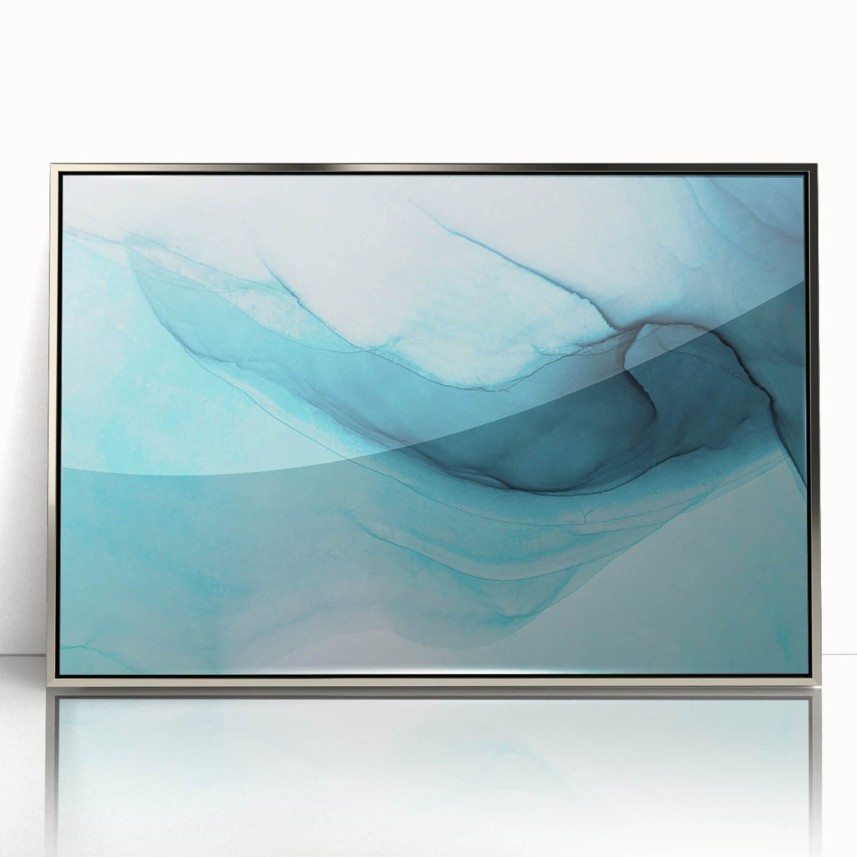 Framed acrylic wall art featuring a stunning glacier landscape design in silver, showcasing intricate details and vibrant colors, ideal for modern home decor.