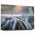 Acrylic glass wall art showcasing a stunning glacier landscape design, viewed from the side with decorative pins, ideal for enhancing modern home decor.