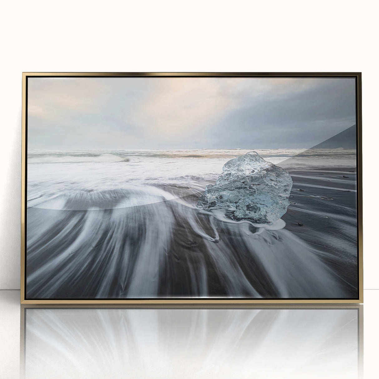 Framed wall art featuring a stunning glacier landscape design with gold accents, displayed in an elegant frame, ideal for modern home decor.