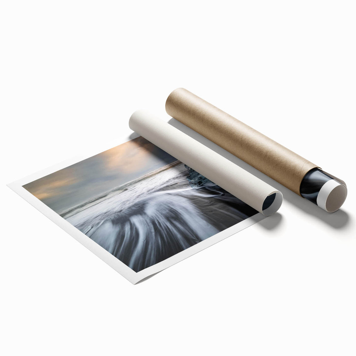 Glacier-themed wall art print showcasing stunning icy landscapes, featuring vibrant blues and whites, rolled and ready for framing to enhance any decor.