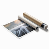 Glacier-themed wall art print showcasing stunning icy landscapes, featuring vibrant blues and whites, rolled and ready for framing to enhance any decor.