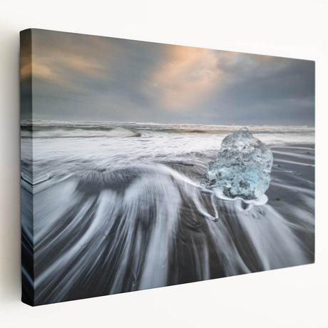Stretched canvas wall art showcasing a serene glacier landscape with soft blue and white tones, ideal for modern home decor, adding tranquility to any room.