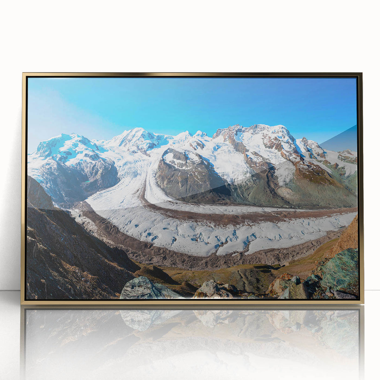 Framed wall art featuring a stunning glacier landscape design with gold accents, showcasing vibrant icy blues and whites, perfect for enhancing modern home decor.