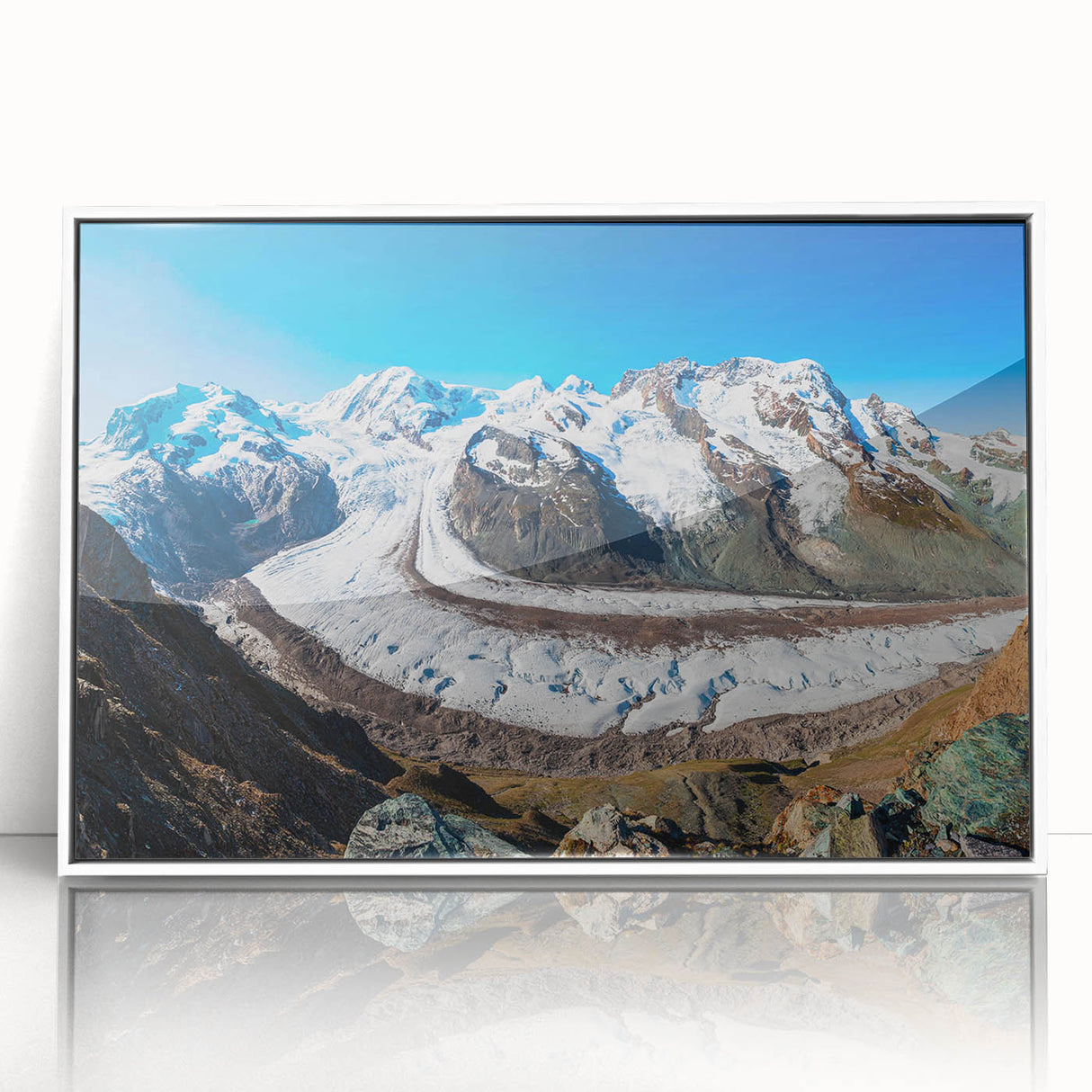 Framed acrylic wall art featuring a stunning glacier landscape design in white, showcasing vibrant blues and icy textures, perfect for modern home decor.