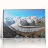 Framed acrylic wall art featuring a stunning glacier landscape design in white, showcasing vibrant blues and icy textures, perfect for modern home decor.