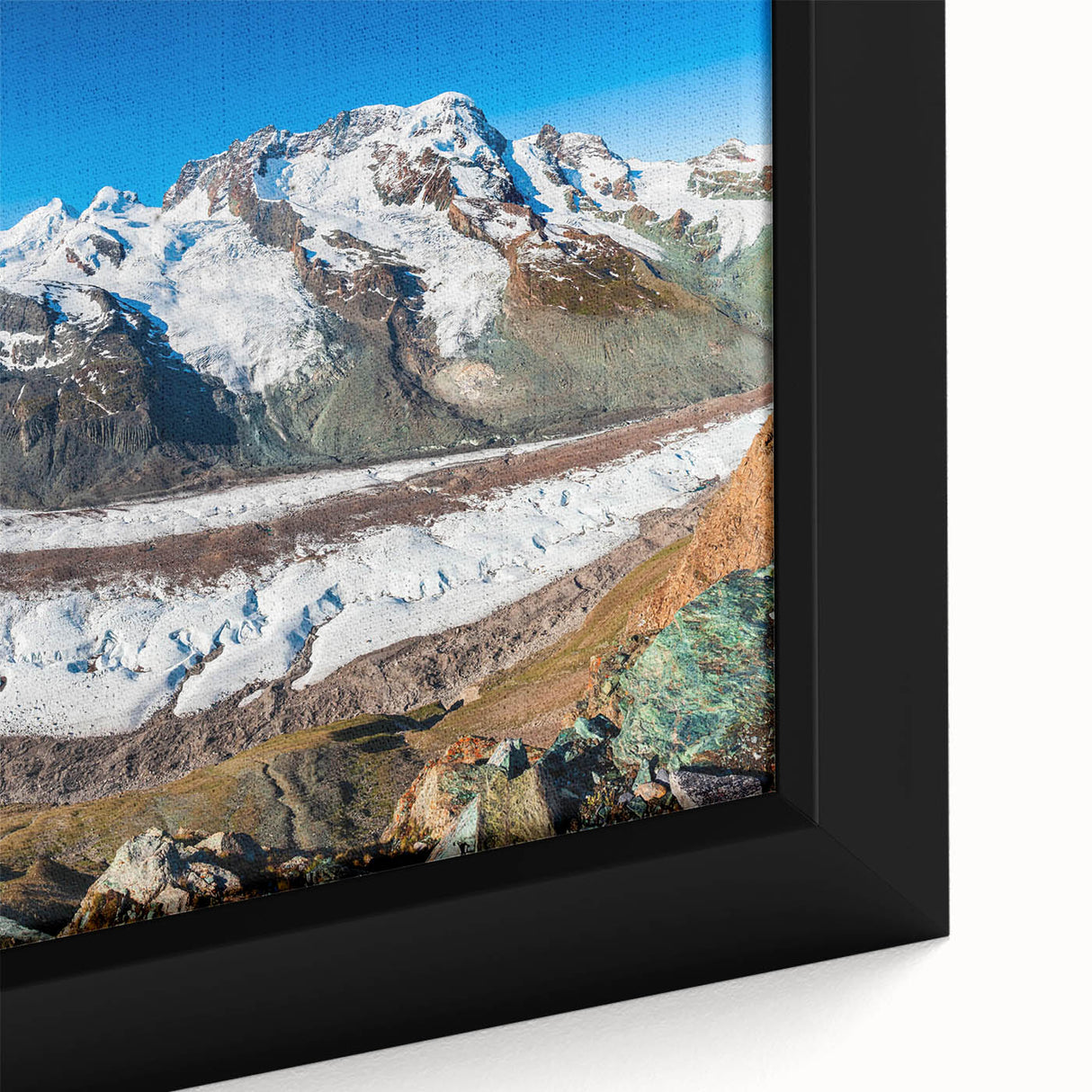 Close-up of a framed canvas showcasing a vibrant glacier landscape design, highlighting intricate details and textures, perfect for modern home decor or art collection.