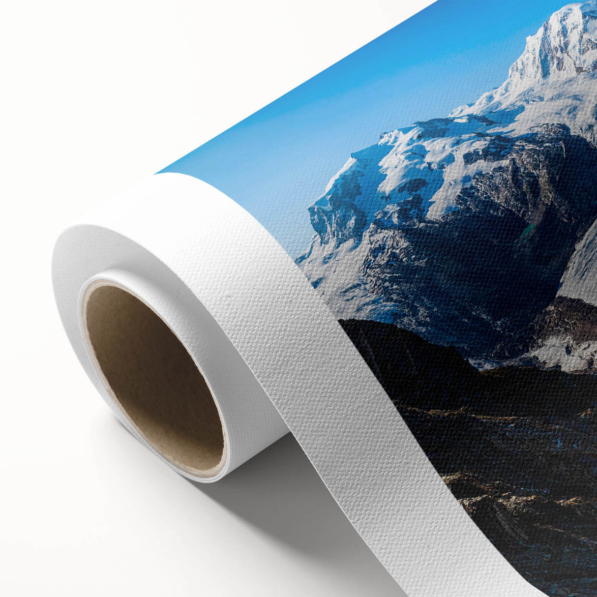 Landscape wall art depicting a stunning glacier scene, printed on high-quality rolled canvas, showcasing vibrant blues and whites, perfect for home decor.