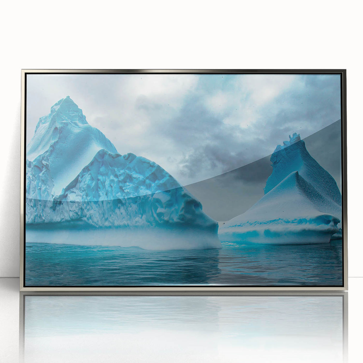 Framed acrylic wall art showcasing a stunning glacier landscape design with silver accents, ideal for enhancing modern home decor. Perfect for nature lovers and art enthusiasts.