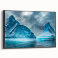Framed canvas wall art showcasing a stunning glacier landscape design, featuring a black frame and side view, perfect for modern home decor and art enthusiasts.