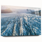 Acrylic glass wall art showcasing a vibrant glacier landscape design, viewed from the side with pins for easy hanging, enhancing modern decor with nature-inspired aesthetics.